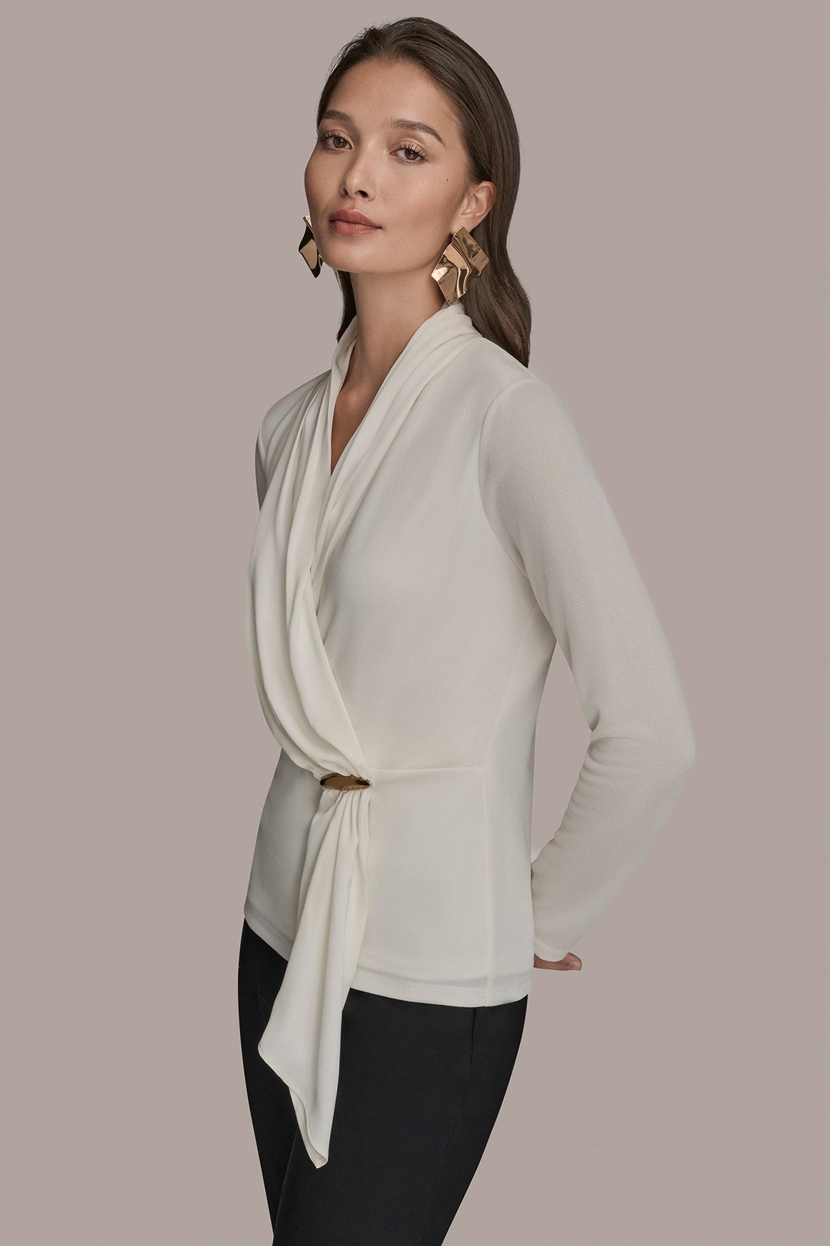 Donna Karan LONG SLEEVE SHAWL-NECK SATIN BLOUSE