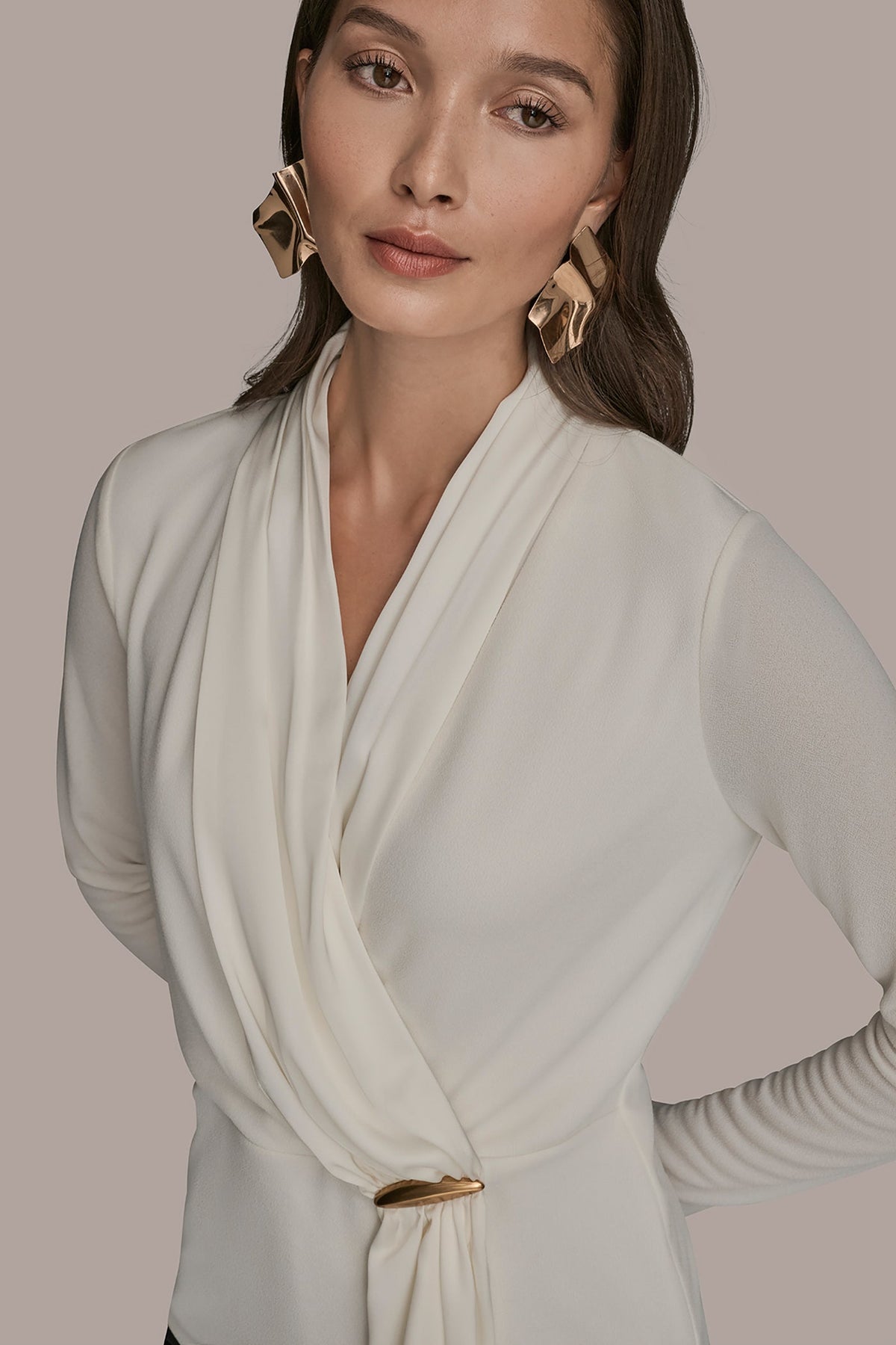 Donna Karan LONG SLEEVE SHAWL-NECK SATIN BLOUSE