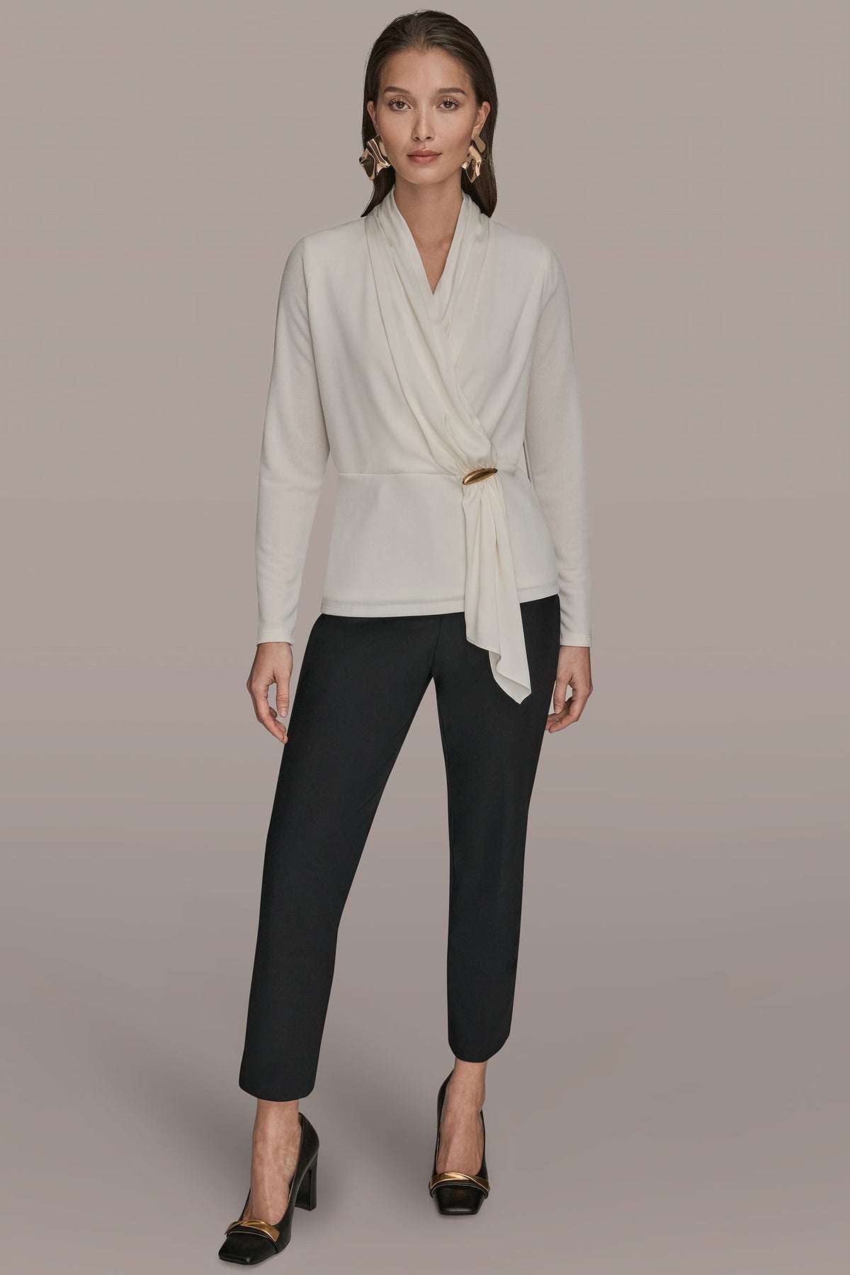 Donna Karan LONG SLEEVE SHAWL-NECK SATIN BLOUSE
