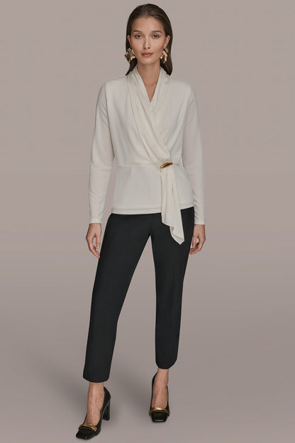 Donna Karan LONG SLEEVE SHAWL-NECK SATIN BLOUSE