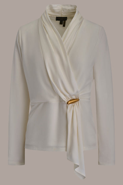 Donna Karan LONG SLEEVE SHAWL-NECK SATIN BLOUSE