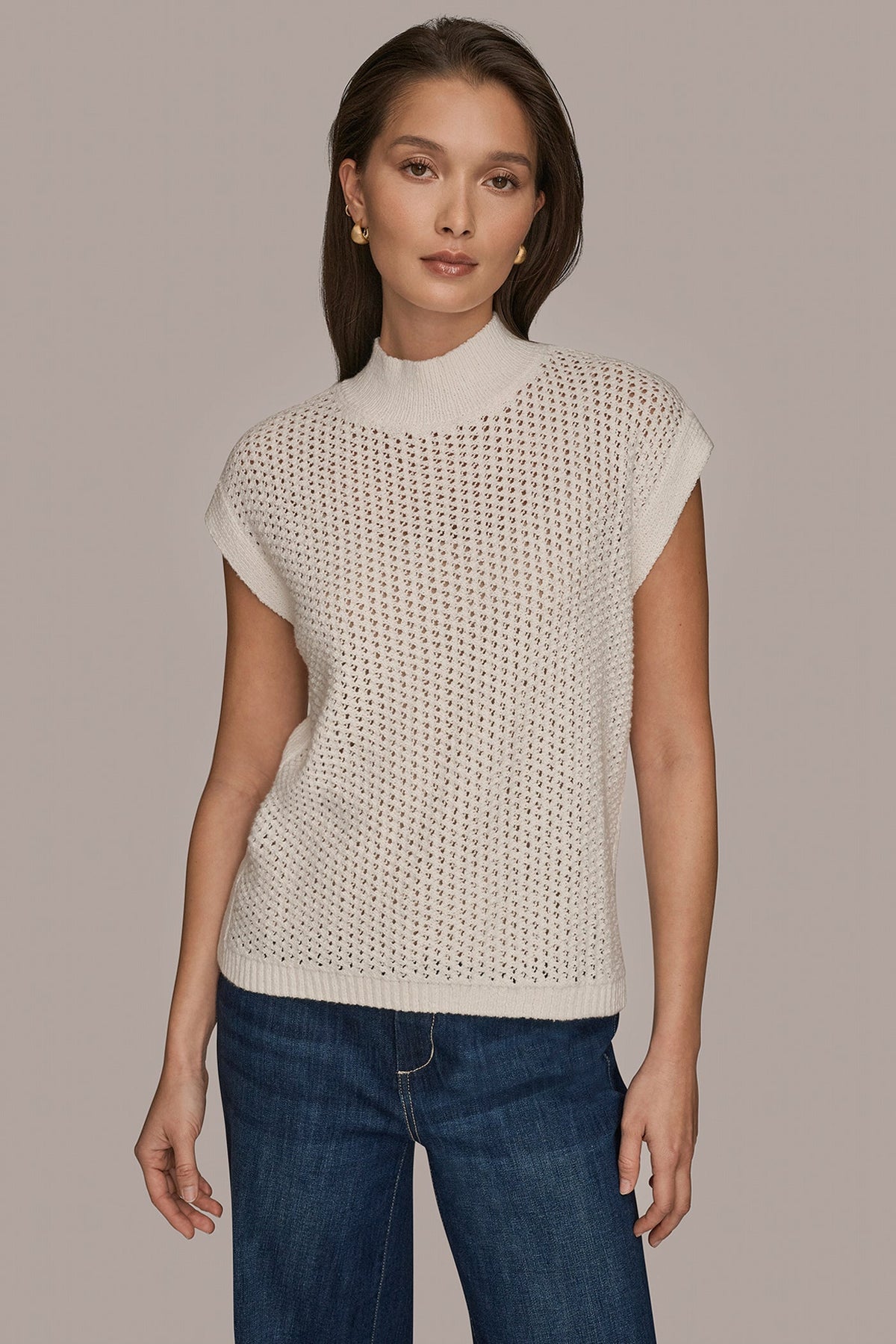 Donna Karan SLEEVELESS MOCK-NECK OPEN STITCH SWEATER