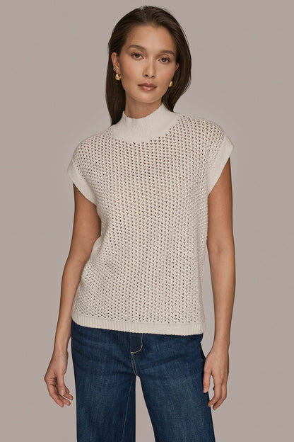 Donna Karan SLEEVELESS MOCK-NECK OPEN STITCH SWEATER
