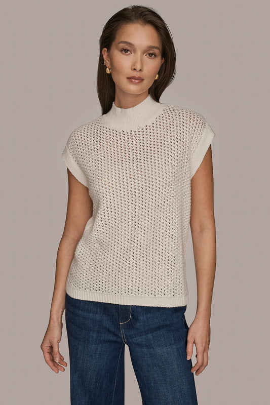 Donna Karan SLEEVELESS MOCK-NECK OPEN STITCH SWEATER