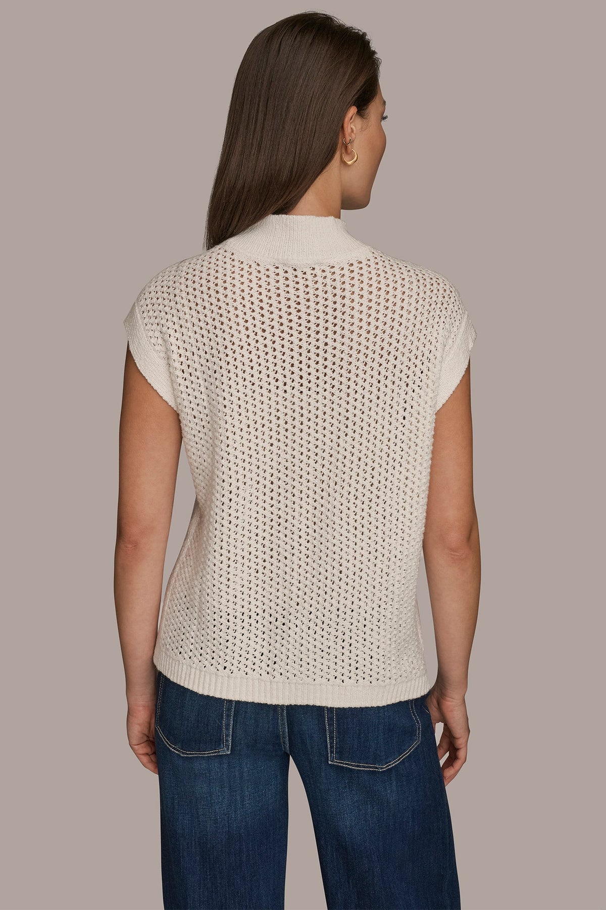 Donna Karan SLEEVELESS MOCK-NECK OPEN STITCH SWEATER