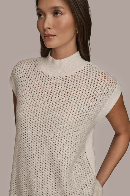 Donna Karan SLEEVELESS MOCK-NECK OPEN STITCH SWEATER