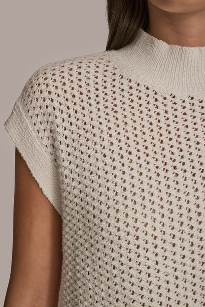 Donna Karan SLEEVELESS MOCK-NECK OPEN STITCH SWEATER