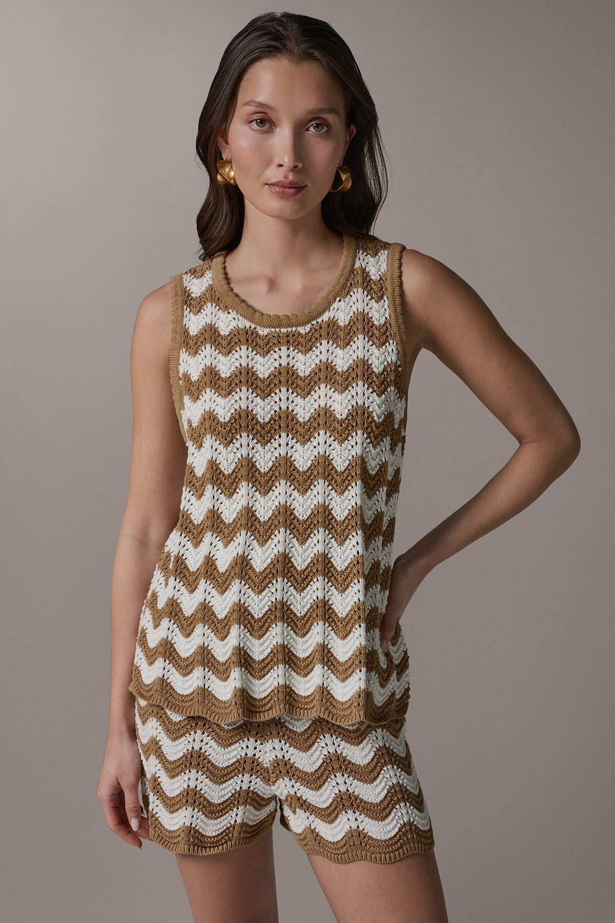 Donna Karan SLEEVELESS POINTELLE STRIPE SWEATER