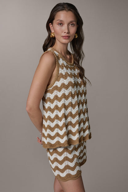 Donna Karan SLEEVELESS POINTELLE STRIPE SWEATER