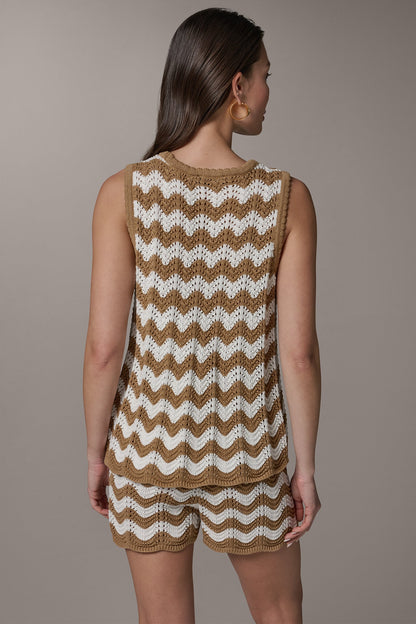 Donna Karan SLEEVELESS POINTELLE STRIPE SWEATER