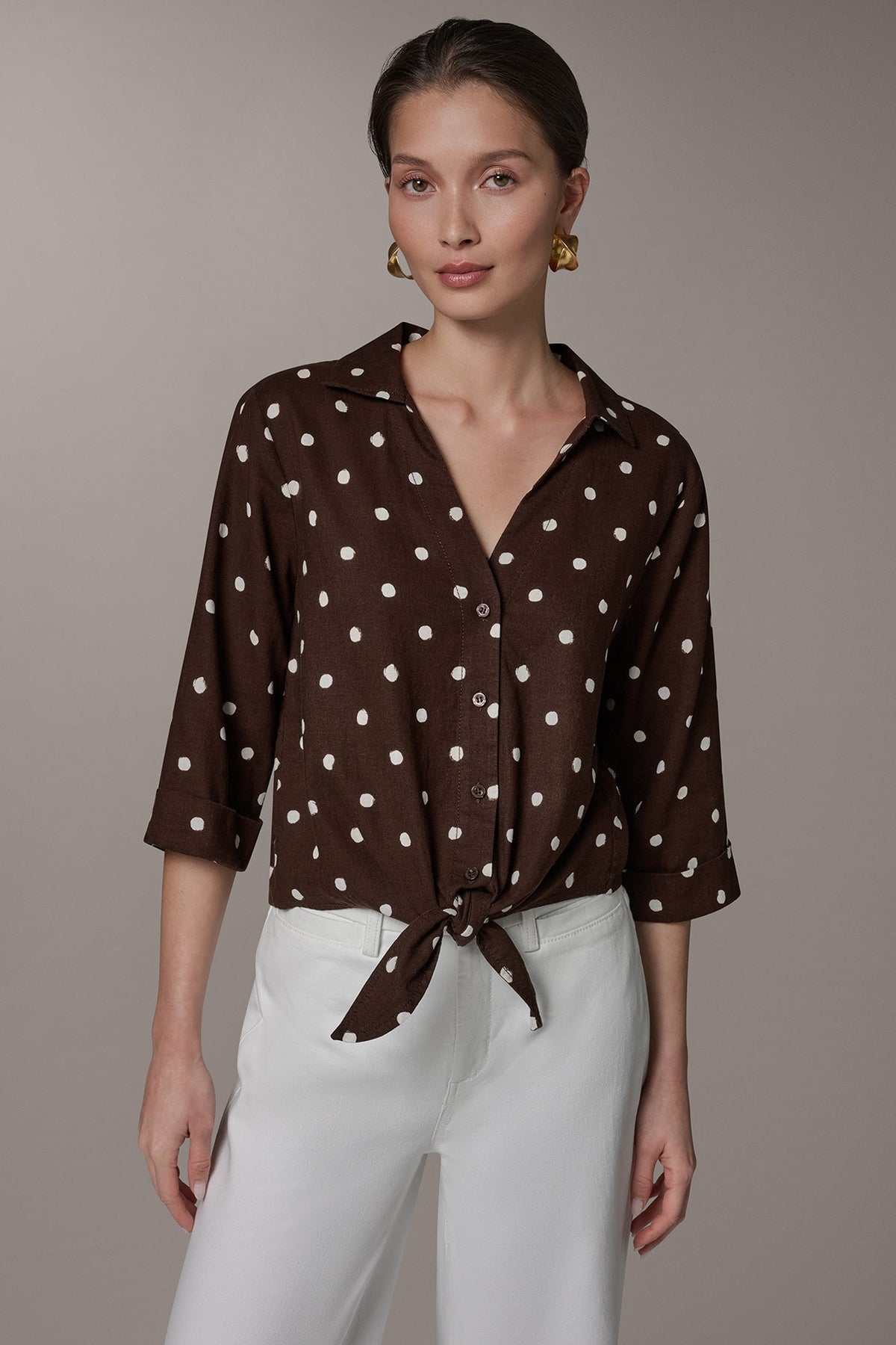 Donna Karan ELBOW SLEEVE POLKA DOT TIE FRONT BLOUSE
