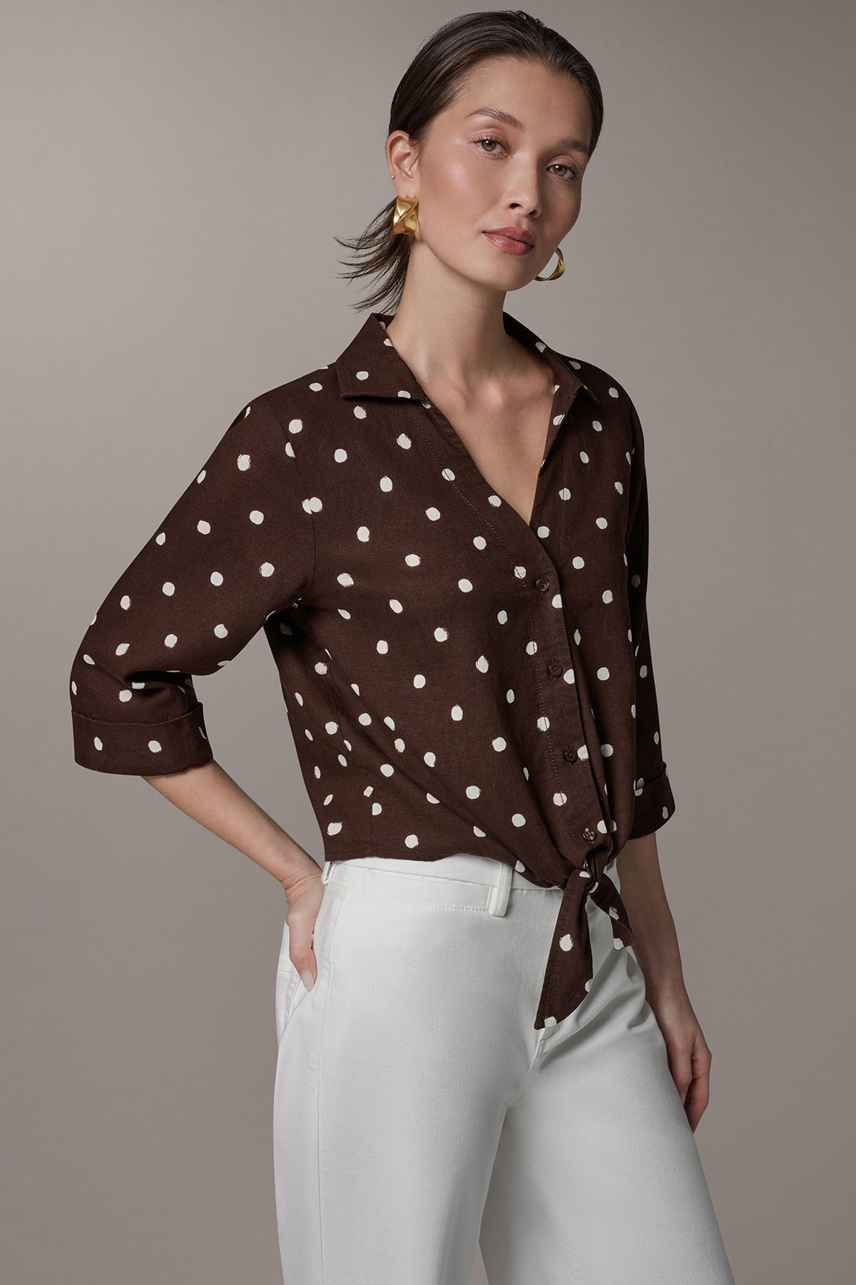 Donna Karan ELBOW SLEEVE POLKA DOT TIE FRONT BLOUSE