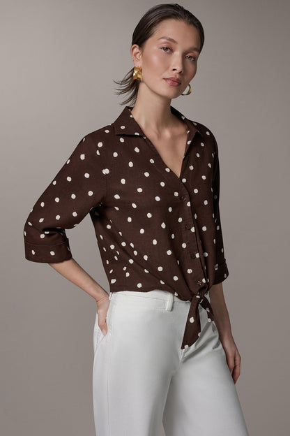 Donna Karan ELBOW SLEEVE POLKA DOT TIE FRONT BLOUSE