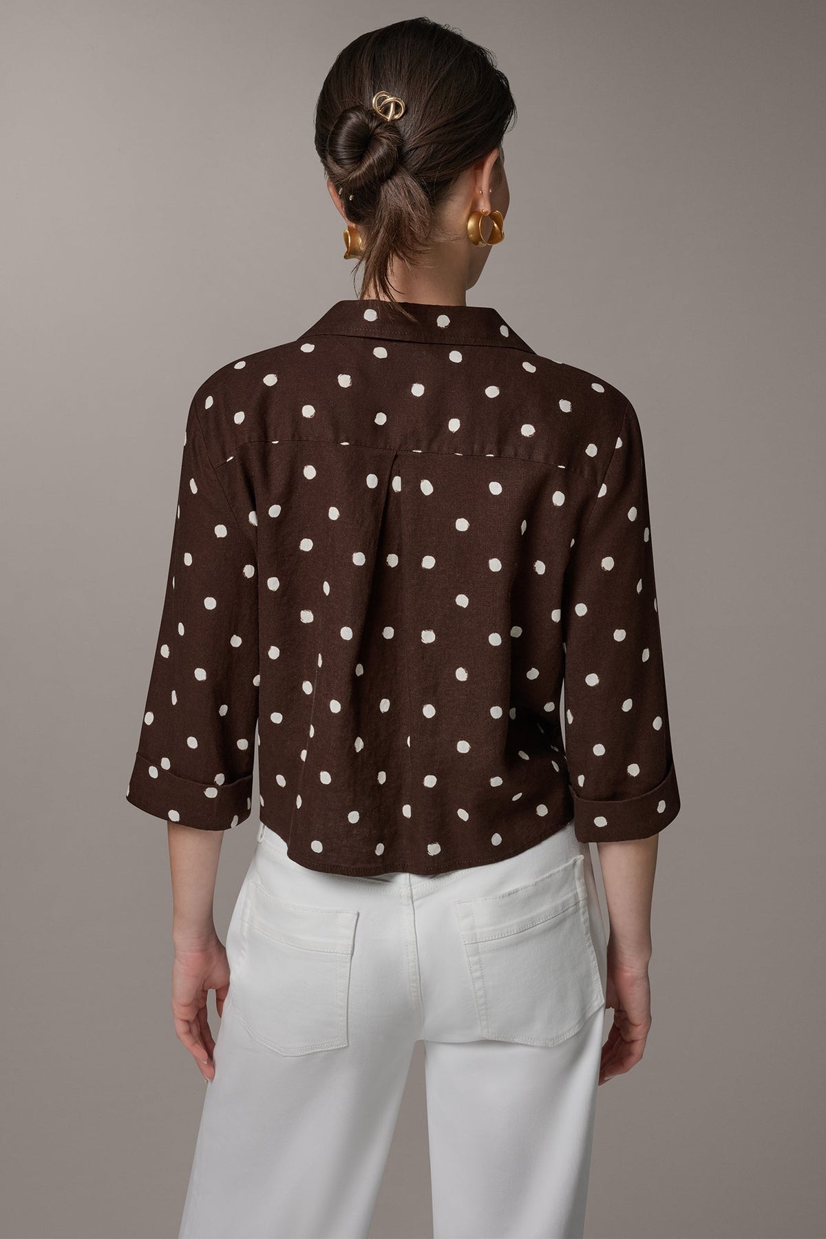 Donna Karan ELBOW SLEEVE POLKA DOT TIE FRONT BLOUSE