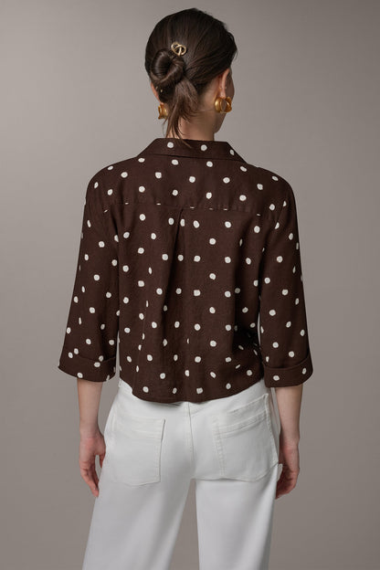 Donna Karan ELBOW SLEEVE POLKA DOT TIE FRONT BLOUSE