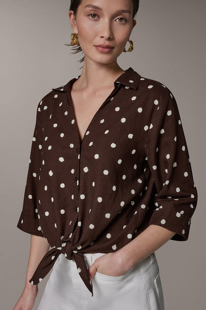 Donna Karan ELBOW SLEEVE POLKA DOT TIE FRONT BLOUSE