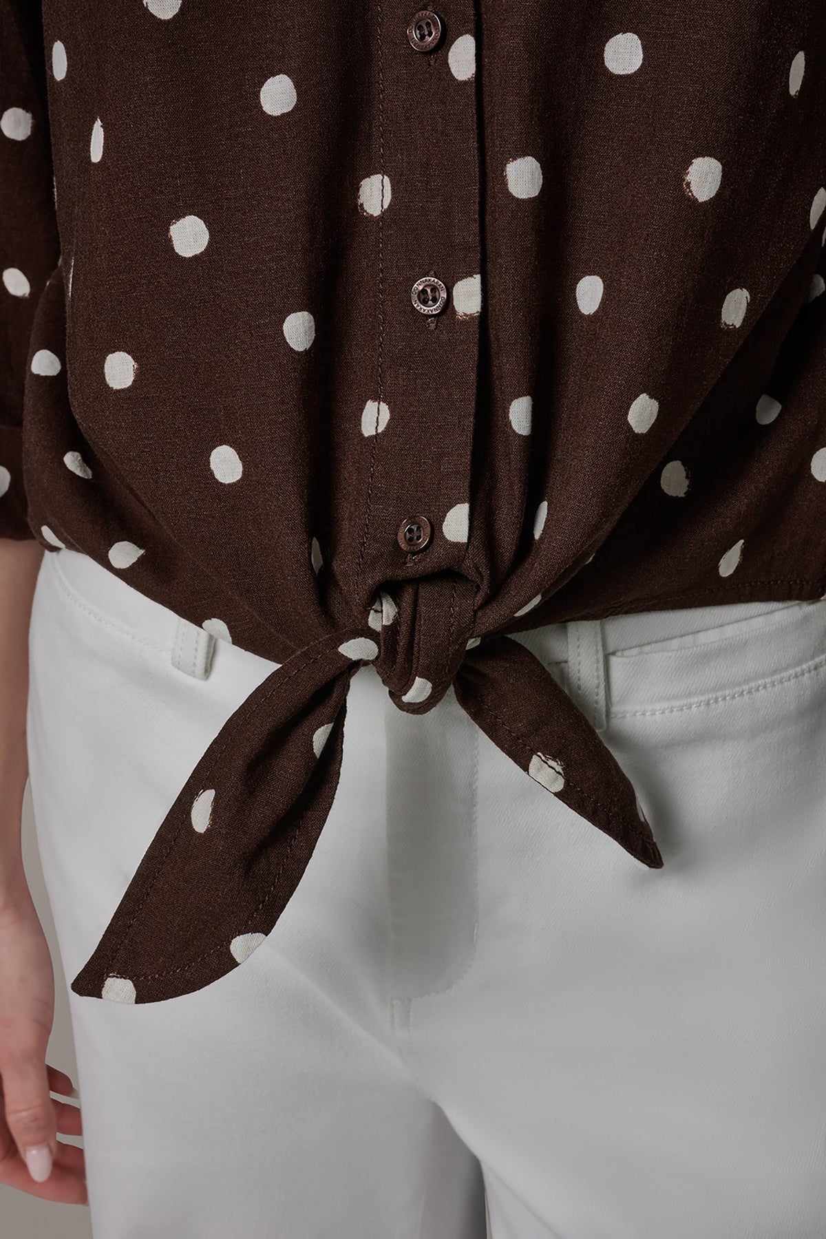 Donna Karan ELBOW SLEEVE POLKA DOT TIE FRONT BLOUSE