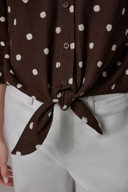 Donna Karan ELBOW SLEEVE POLKA DOT TIE FRONT BLOUSE