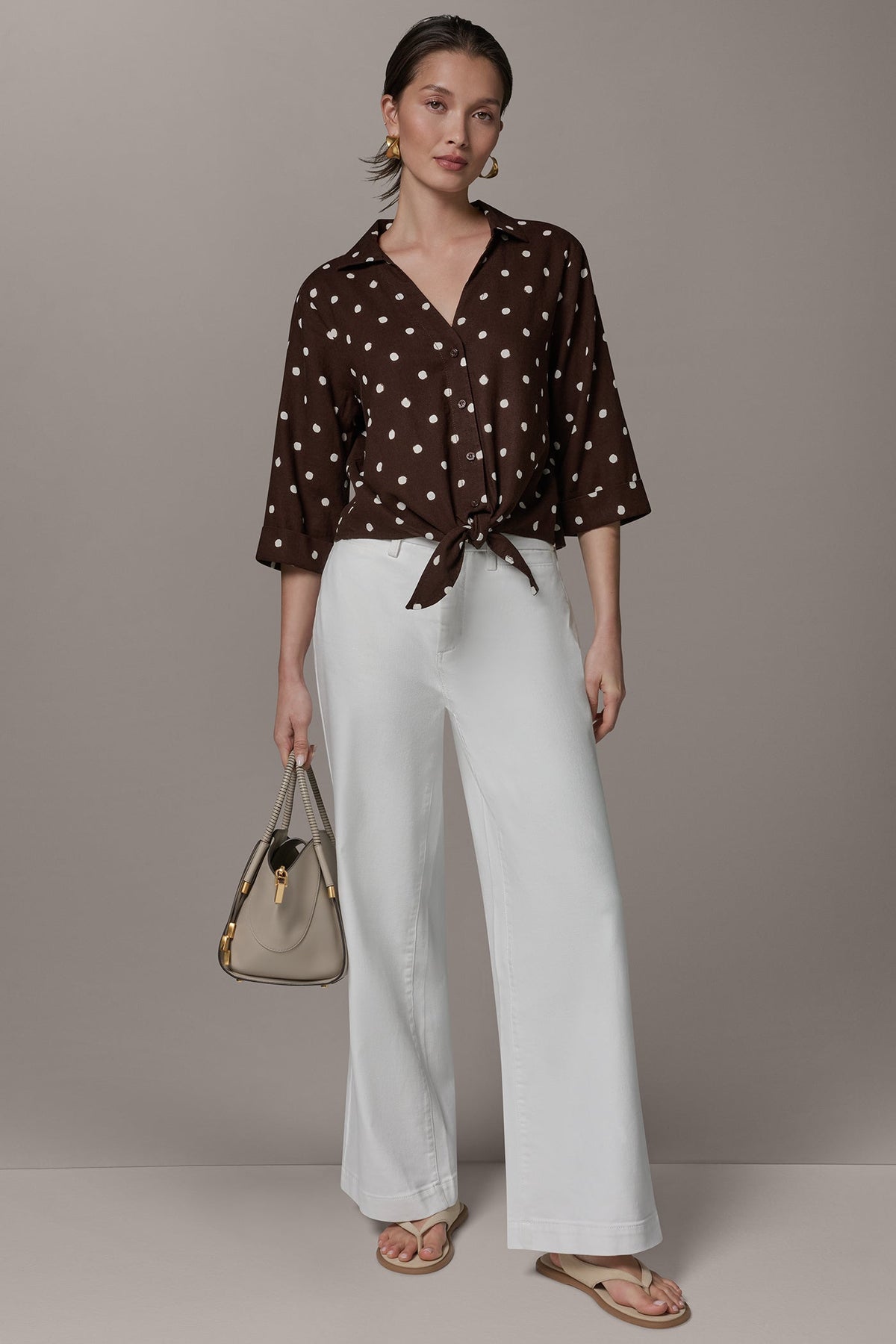 Donna Karan ELBOW SLEEVE POLKA DOT TIE FRONT BLOUSE
