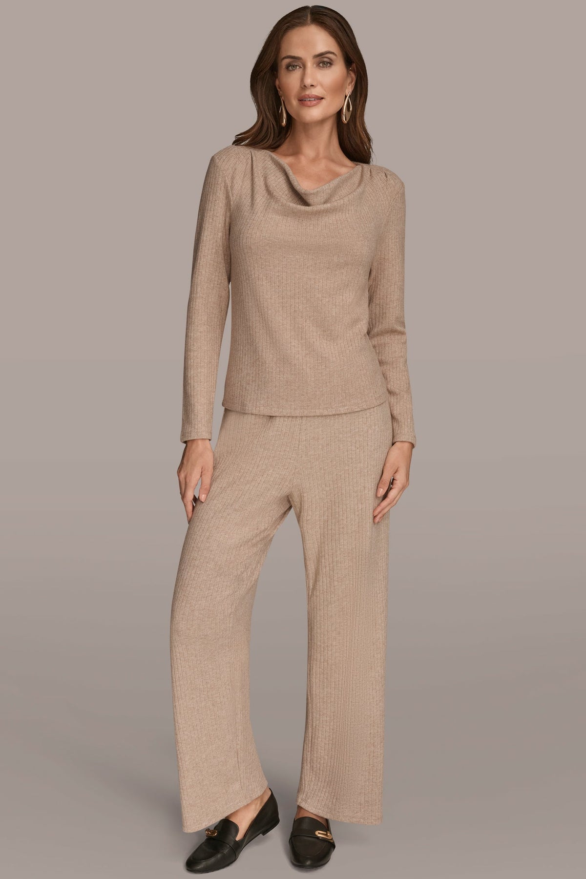 Donna Karan METALLIC COWL-NECK RIB-KNIT BLOUSE