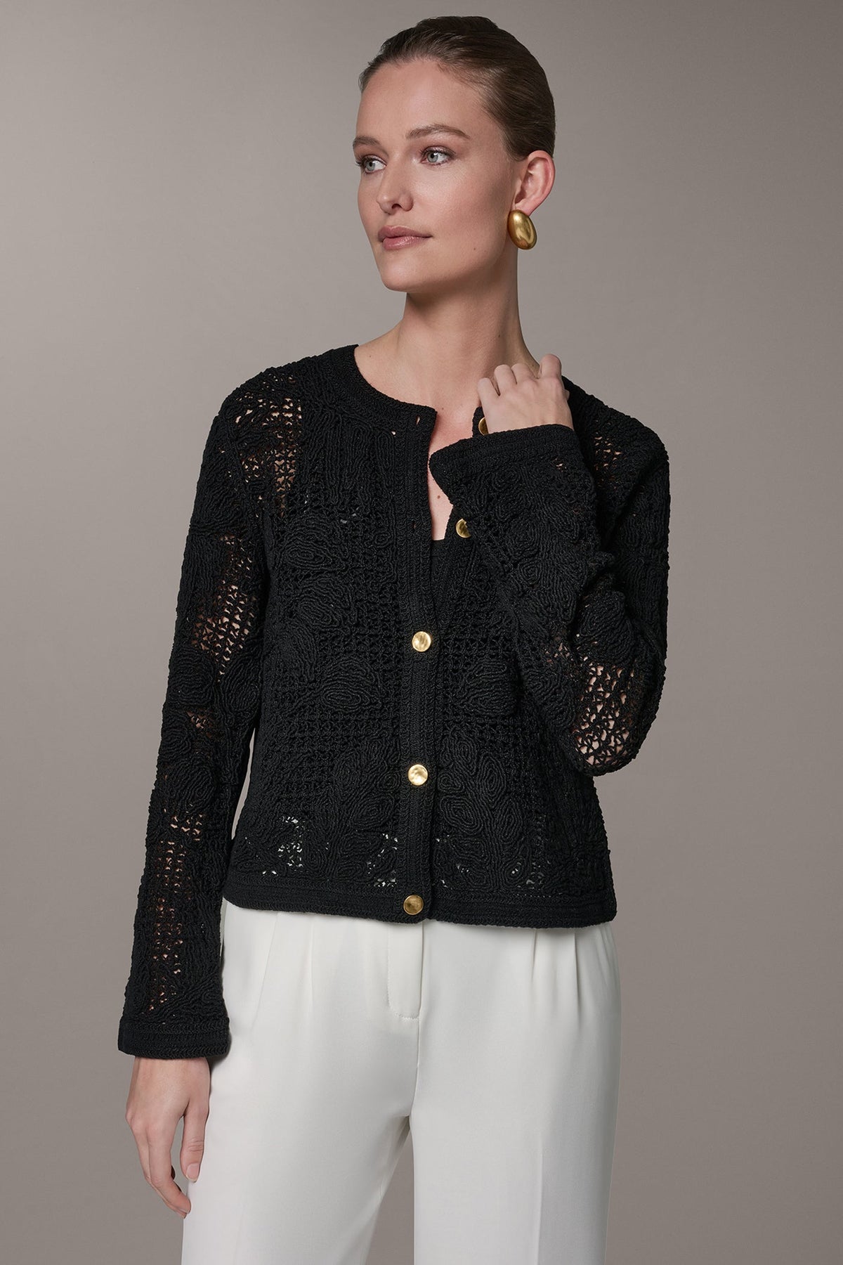 Donna Karan BELL SLEEVE FLORAL CROCHET JACKET