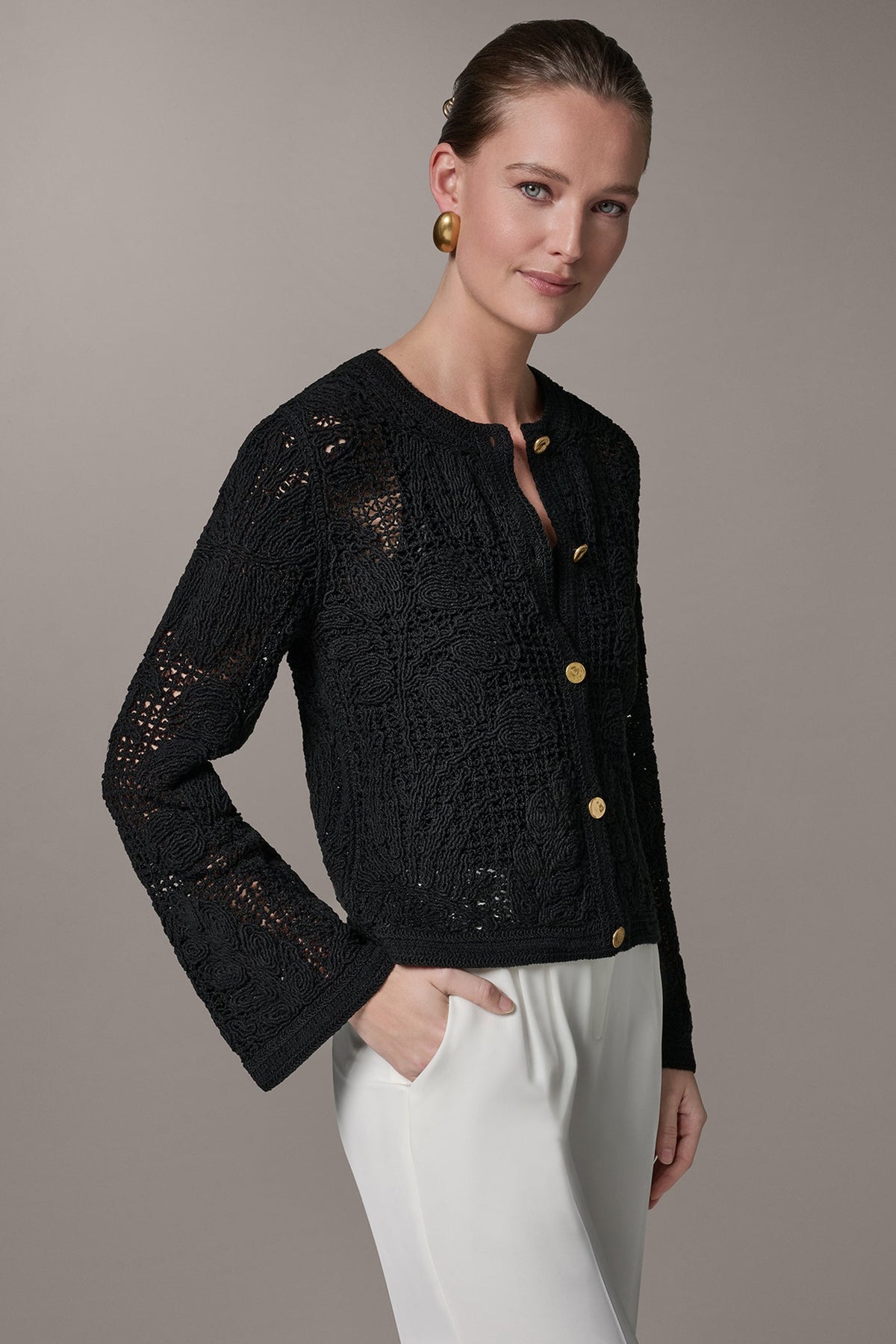 Donna Karan BELL SLEEVE FLORAL CROCHET JACKET