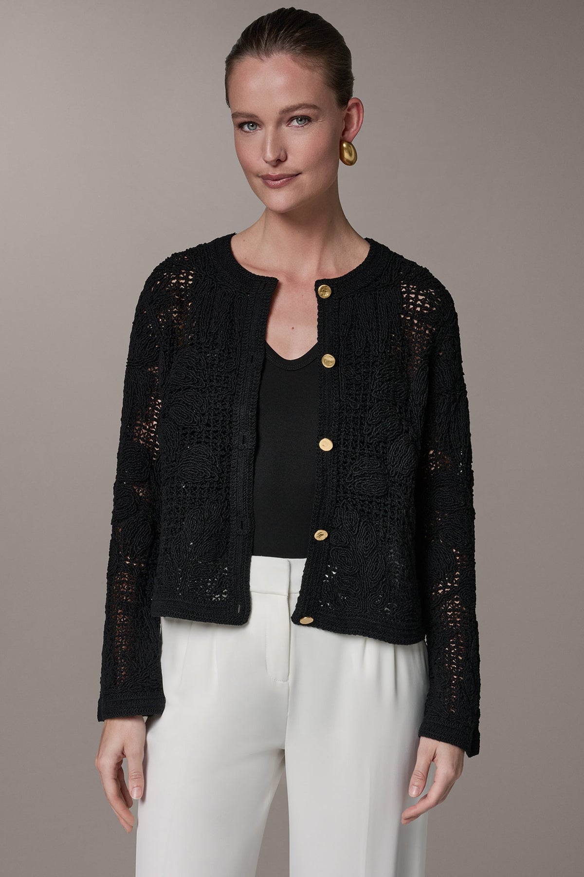 Donna Karan BELL SLEEVE FLORAL CROCHET JACKET