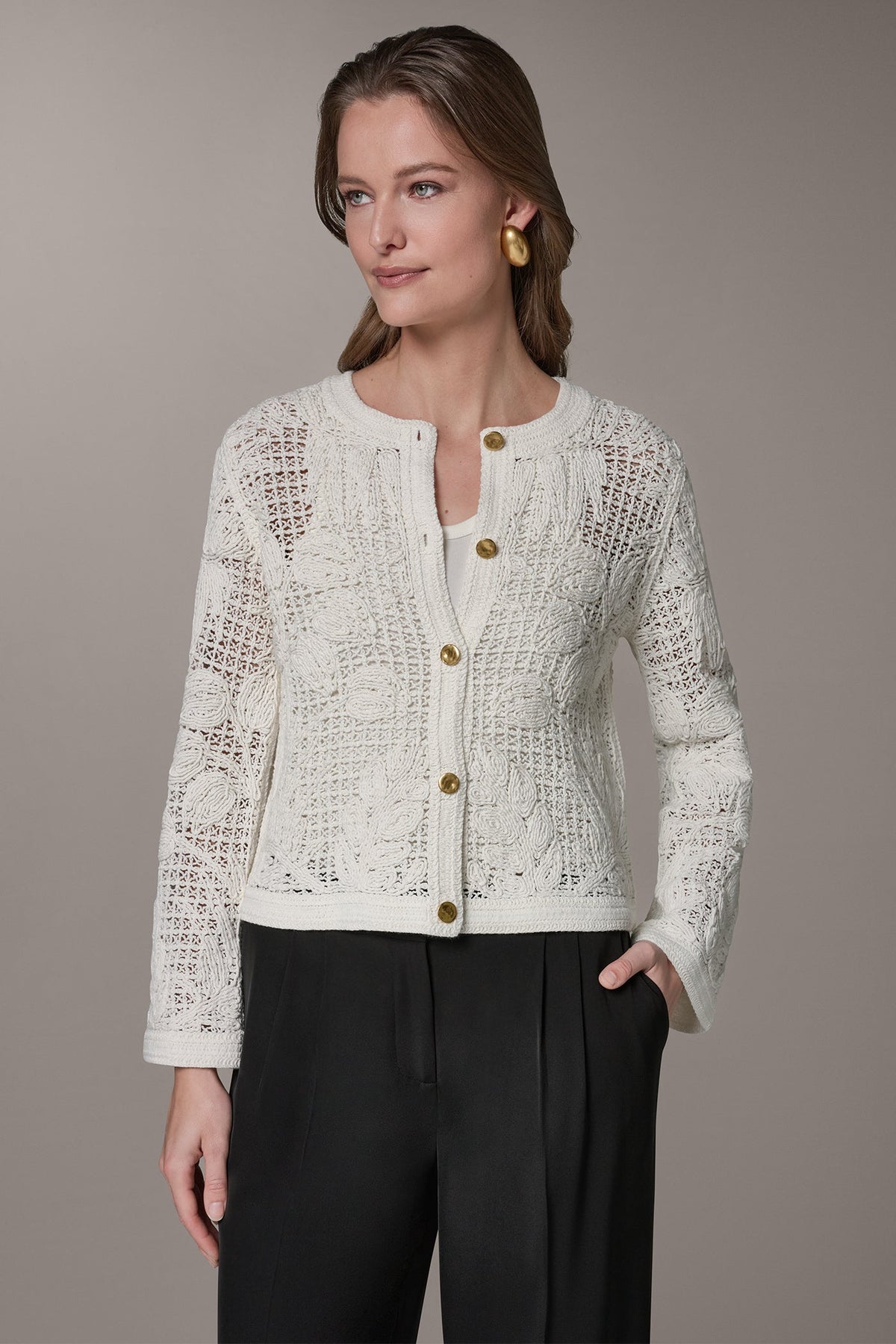 Donna Karan BELL SLEEVE FLORAL CROCHET JACKET