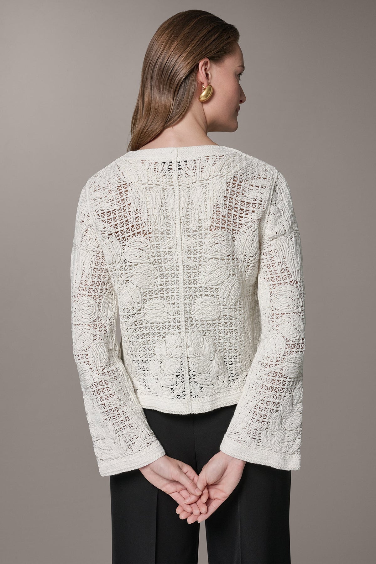 Donna Karan BELL SLEEVE FLORAL CROCHET JACKET