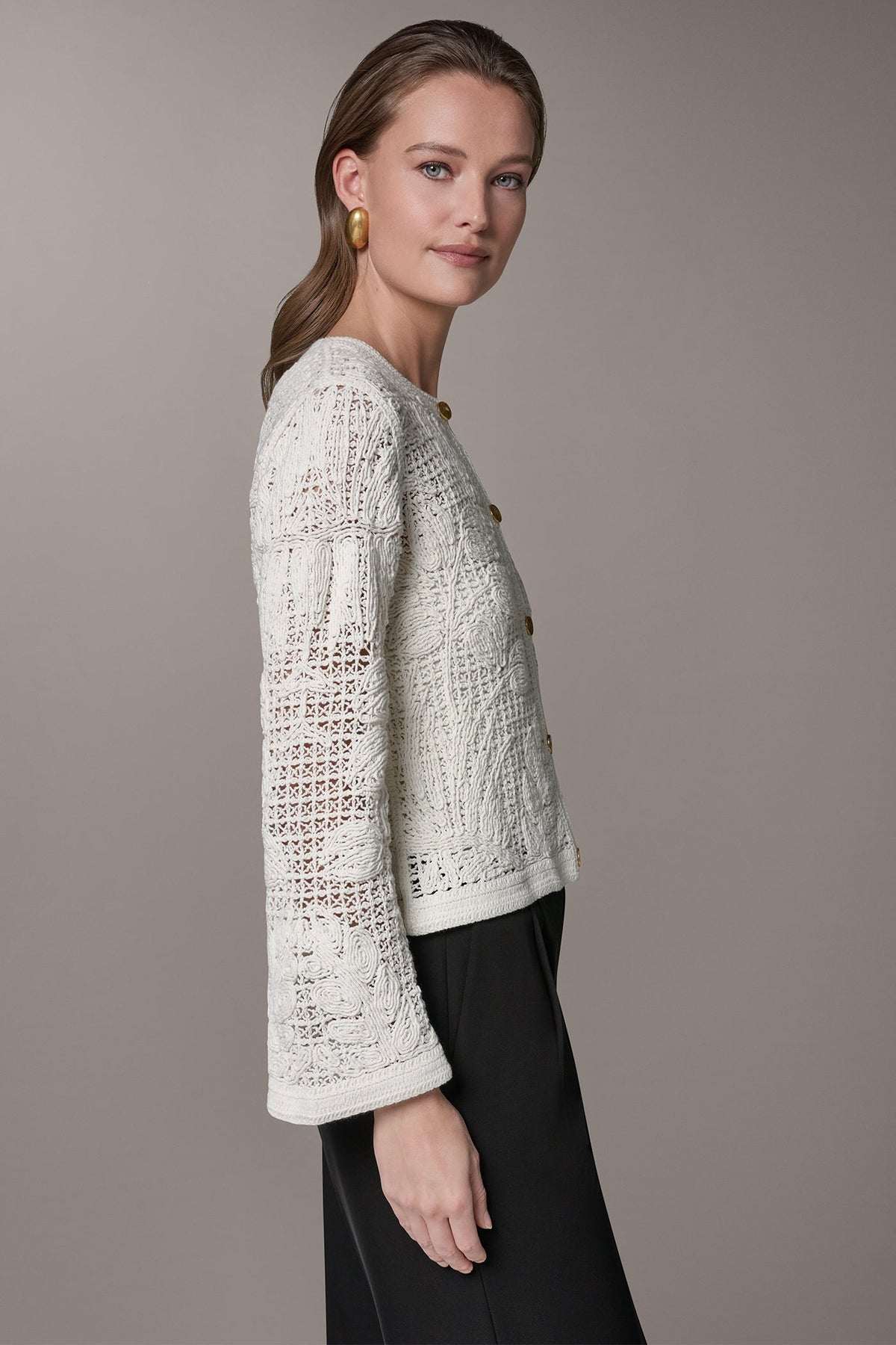Donna Karan BELL SLEEVE FLORAL CROCHET JACKET