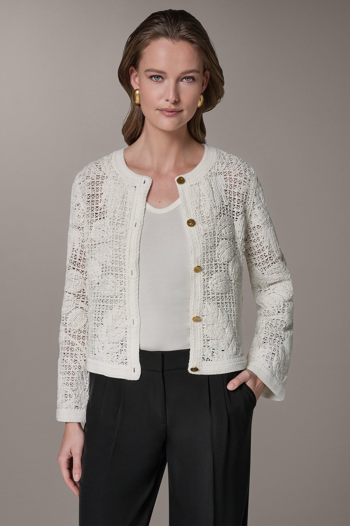 Donna Karan BELL SLEEVE FLORAL CROCHET JACKET