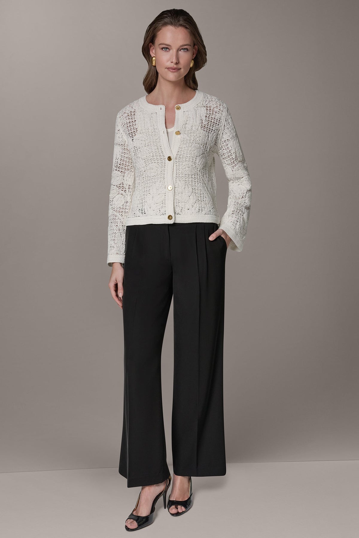 Donna Karan BELL SLEEVE FLORAL CROCHET JACKET