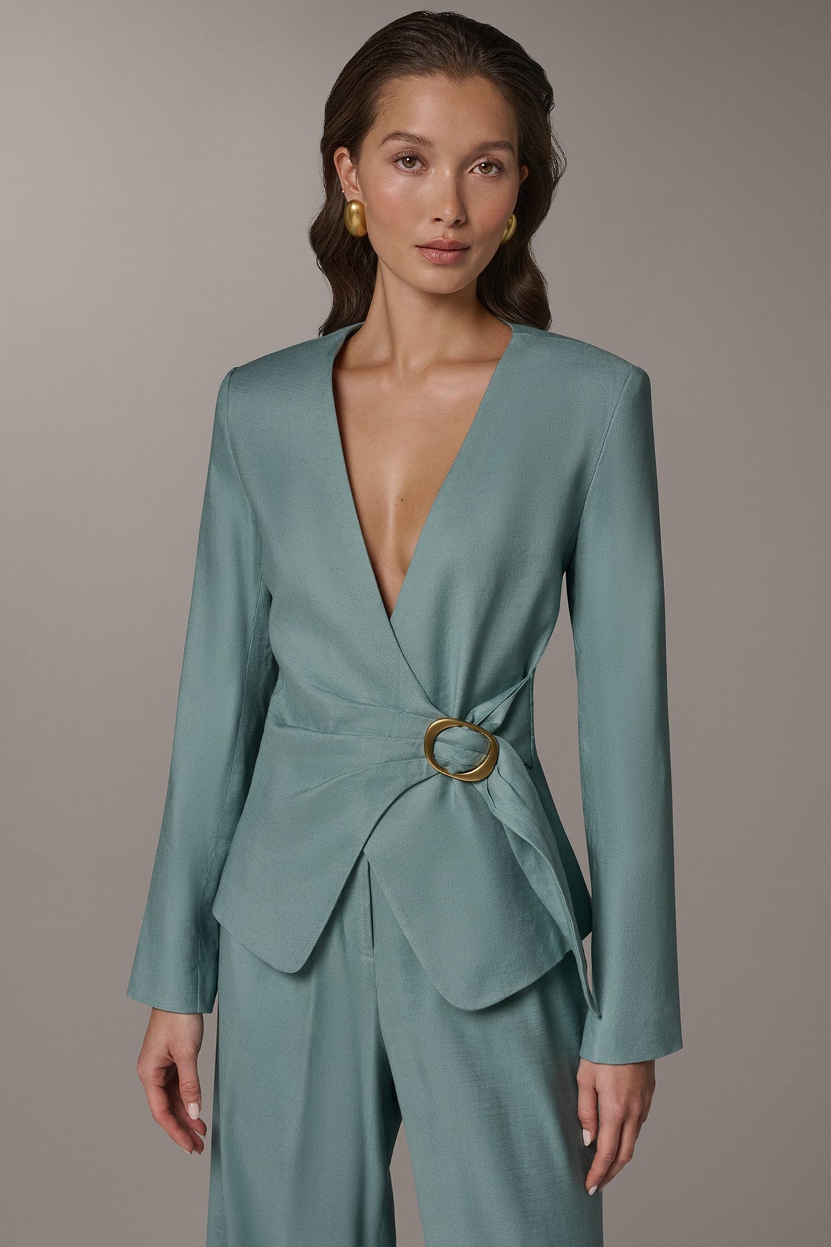 Donna Karan LINEN-BLEND WRAP-EFFECT BUCKLE JACKET