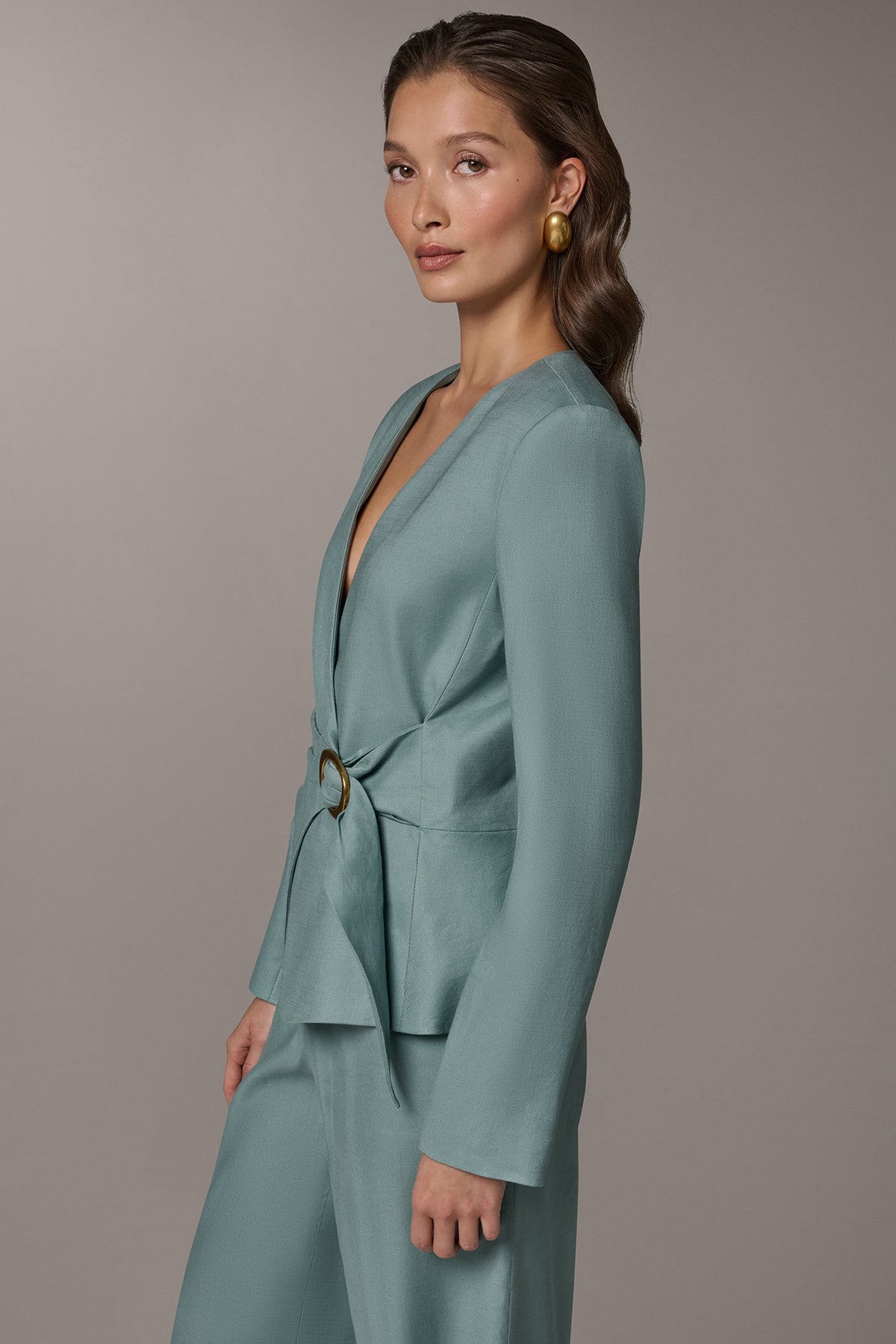 Donna Karan LINEN-BLEND WRAP-EFFECT BUCKLE JACKET