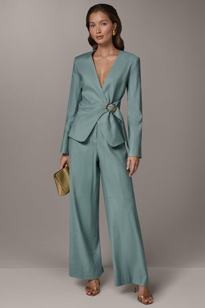 Donna Karan LINEN-BLEND WRAP-EFFECT BUCKLE JACKET