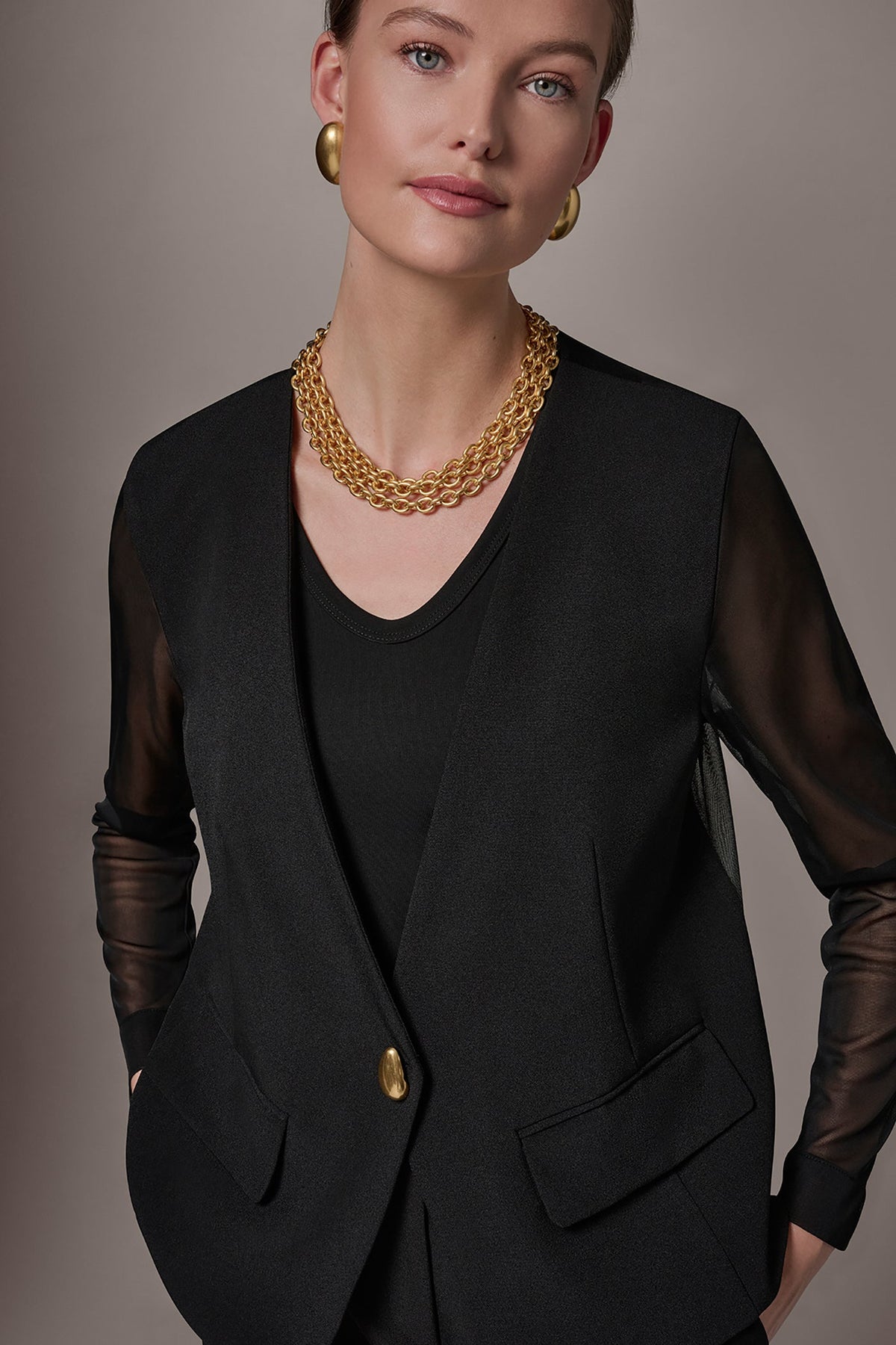 Donna Karan CHIFFON PANELED ONE BUTTON JACKET