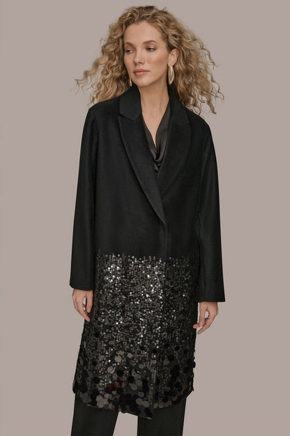 Donna Karan LONG SEQUIN WOOL-BLEND COAT
