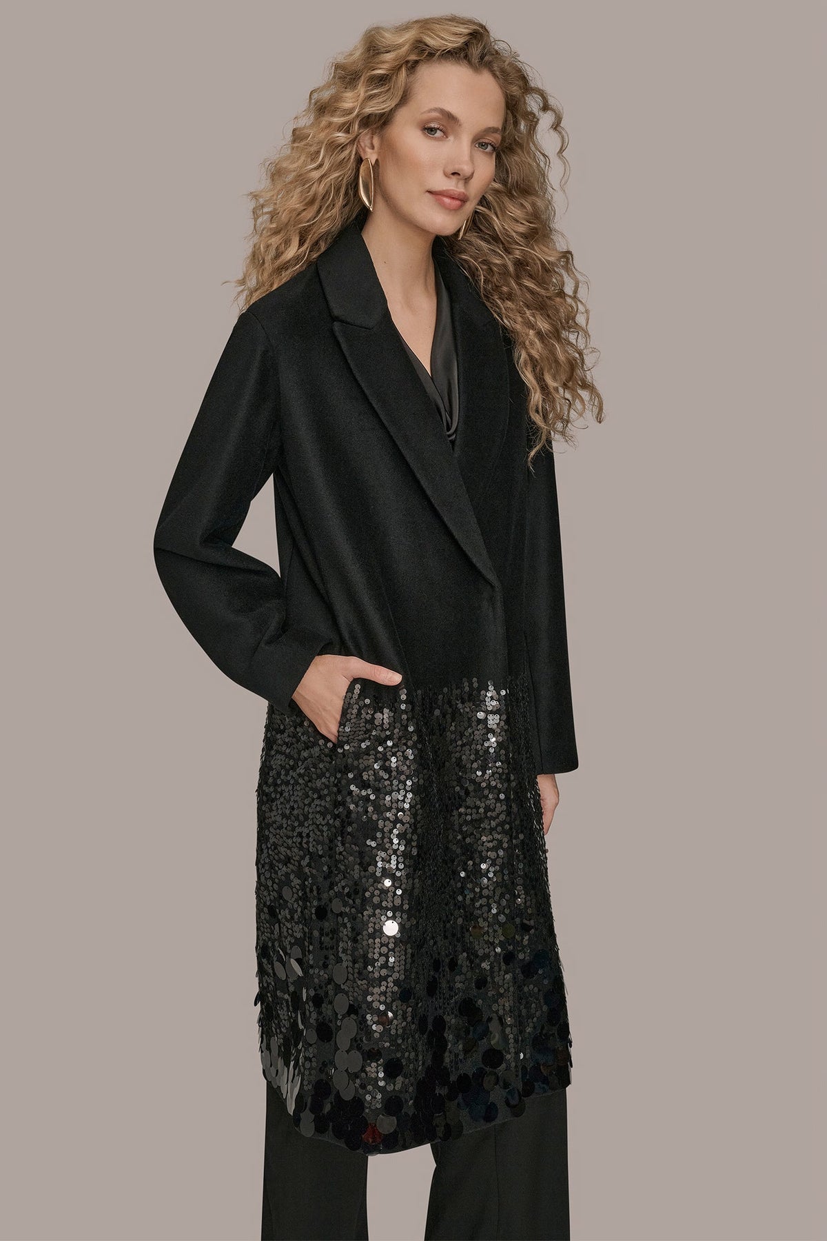 Donna Karan LONG SEQUIN WOOL-BLEND COAT