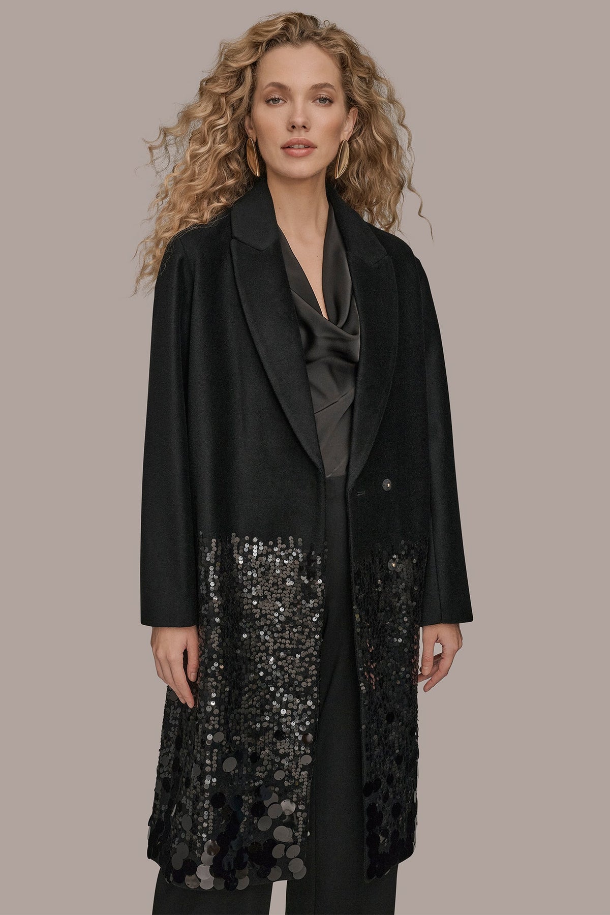 Donna Karan LONG SEQUIN WOOL-BLEND COAT