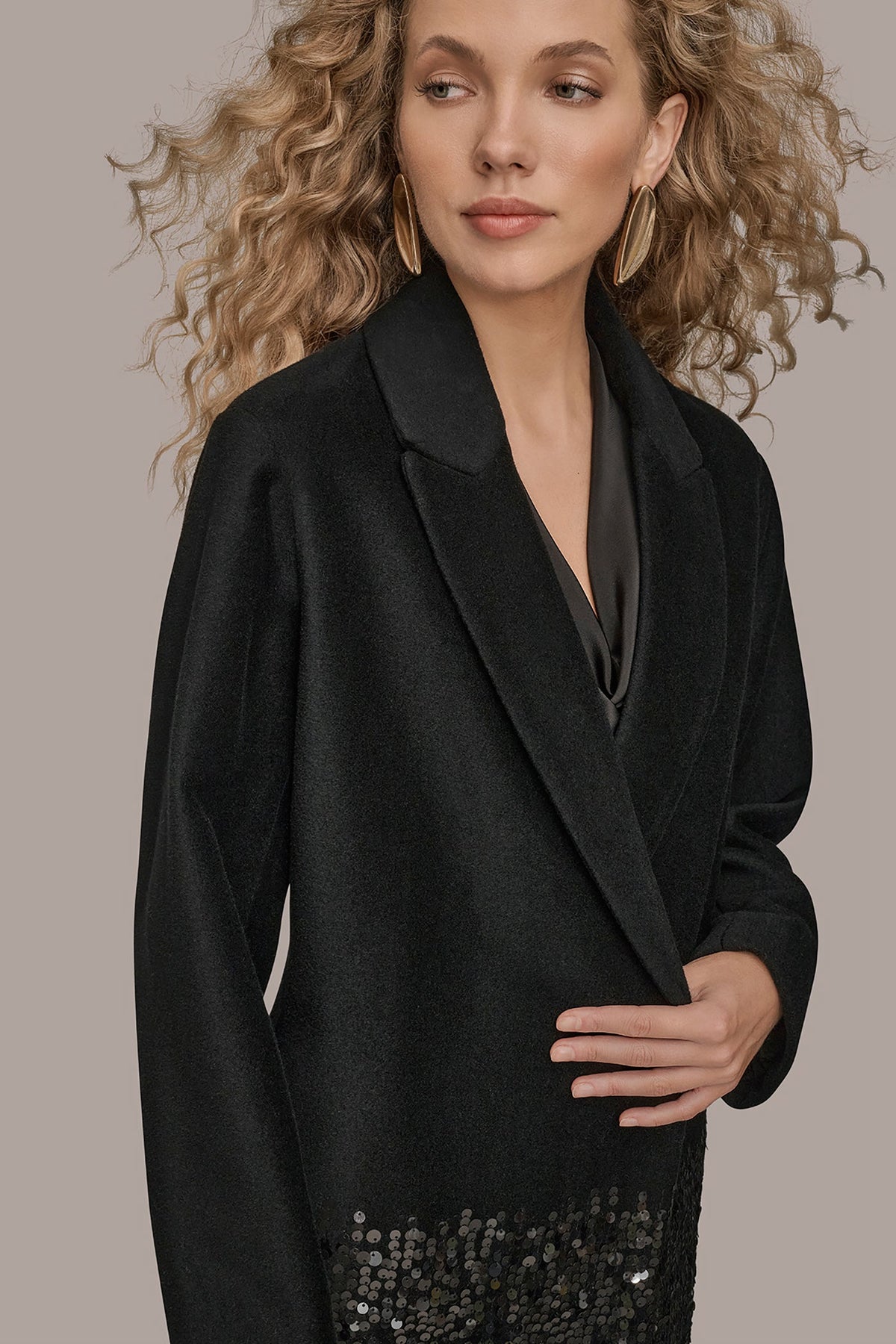 Donna Karan LONG SEQUIN WOOL-BLEND COAT