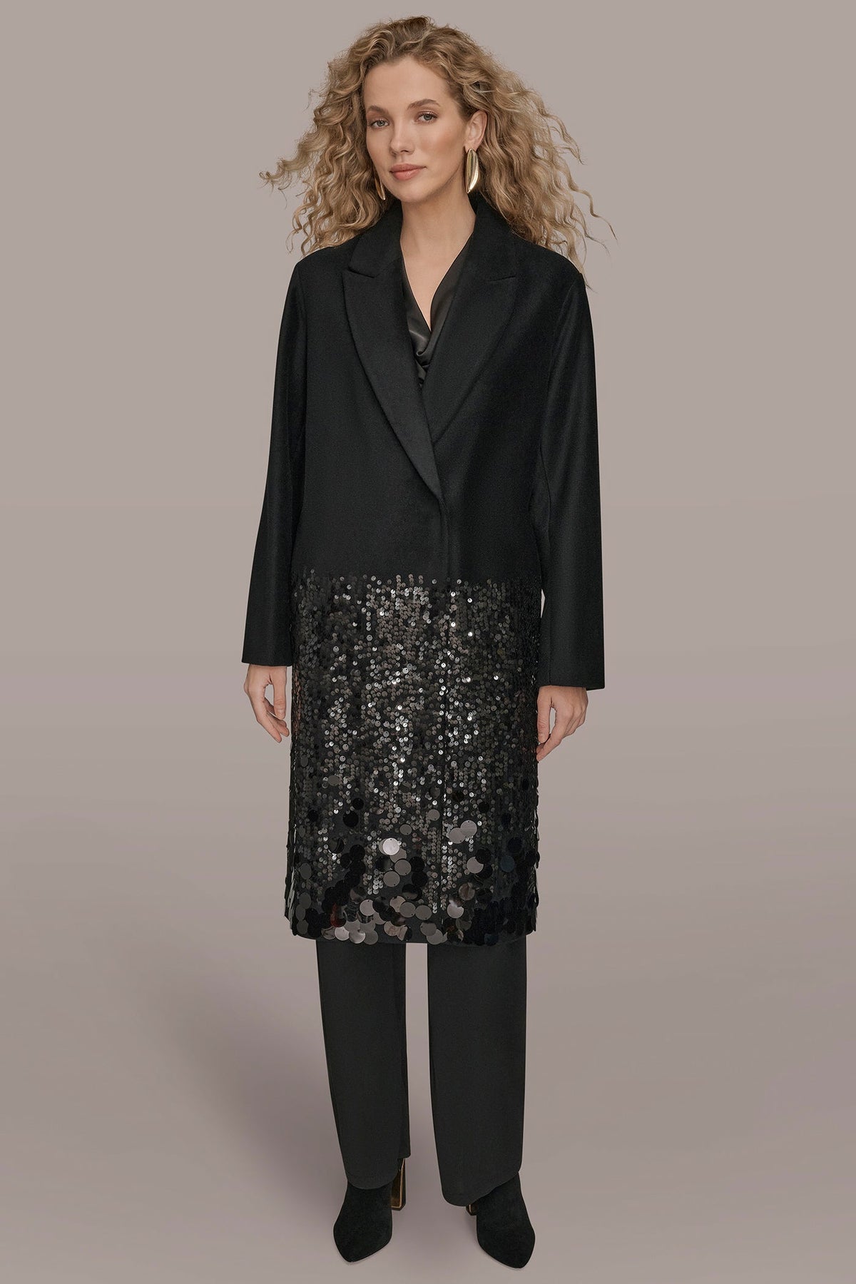 Donna Karan LONG SEQUIN WOOL-BLEND COAT