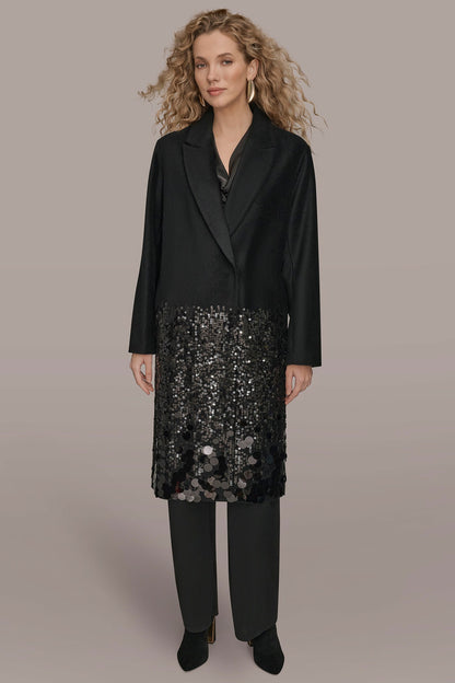 Donna Karan LONG SEQUIN WOOL-BLEND COAT