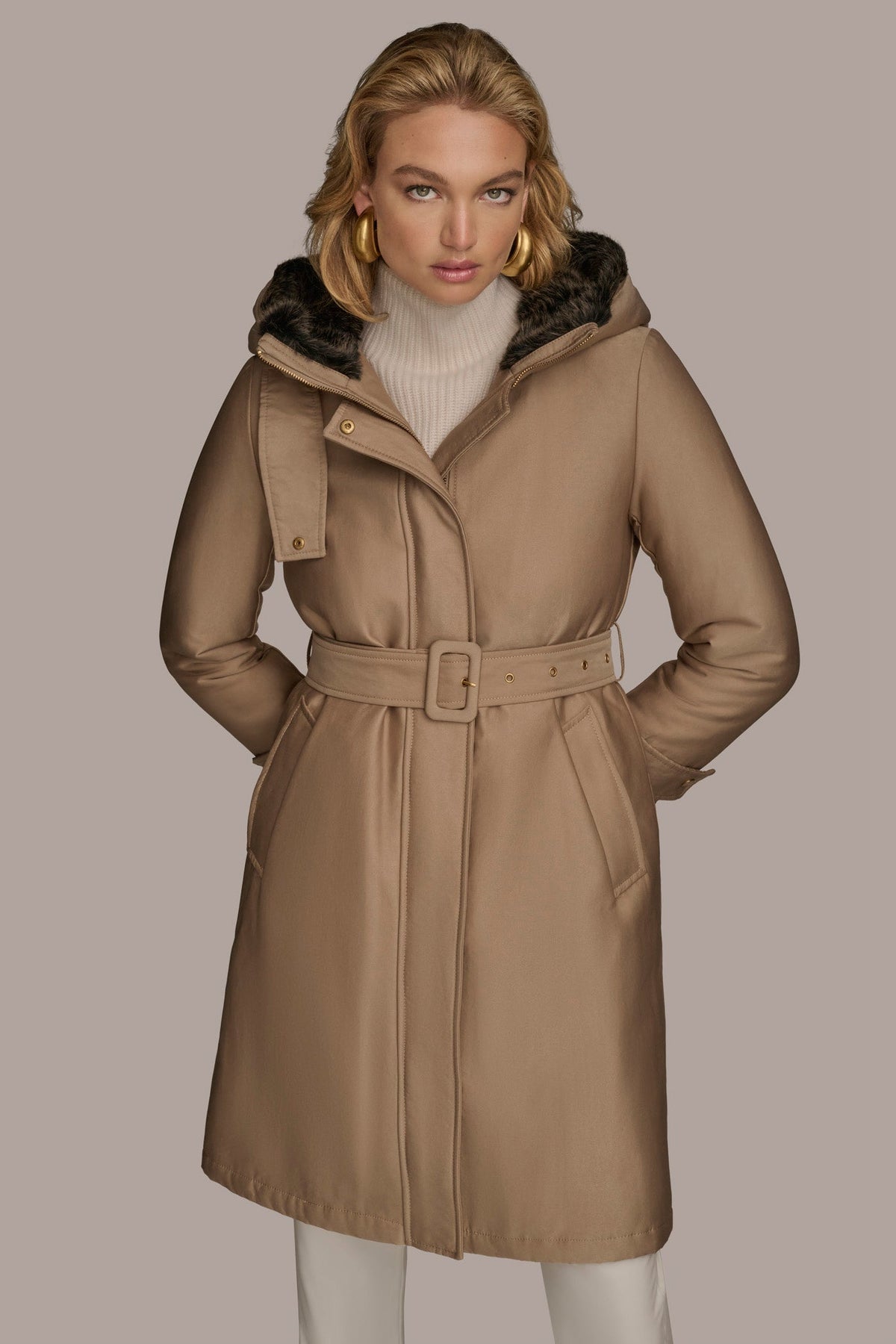 Donna Karan FAUX FUR TRIM LINED RAIN COAT