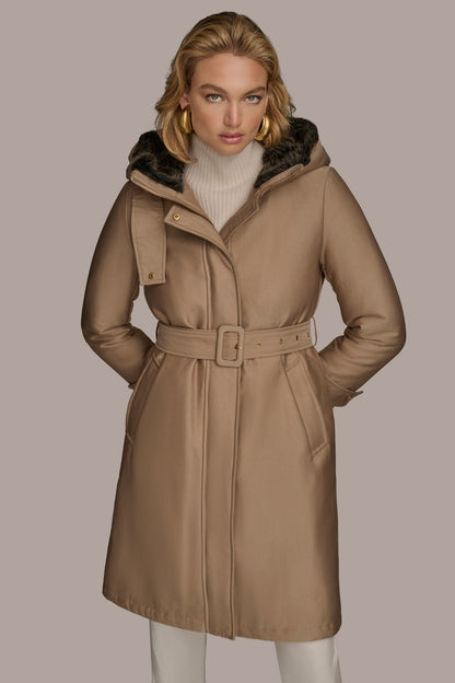 Donna Karan FAUX FUR TRIM LINED RAIN COAT