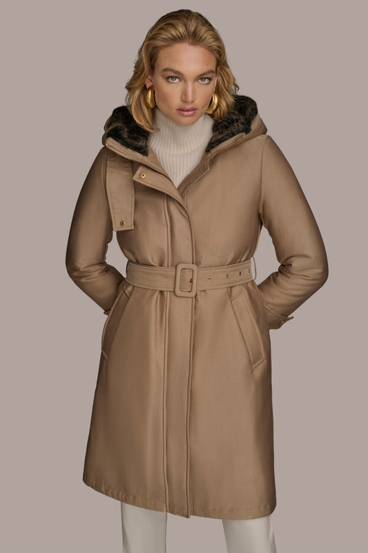 Donna Karan FAUX FUR TRIM LINED RAIN COAT