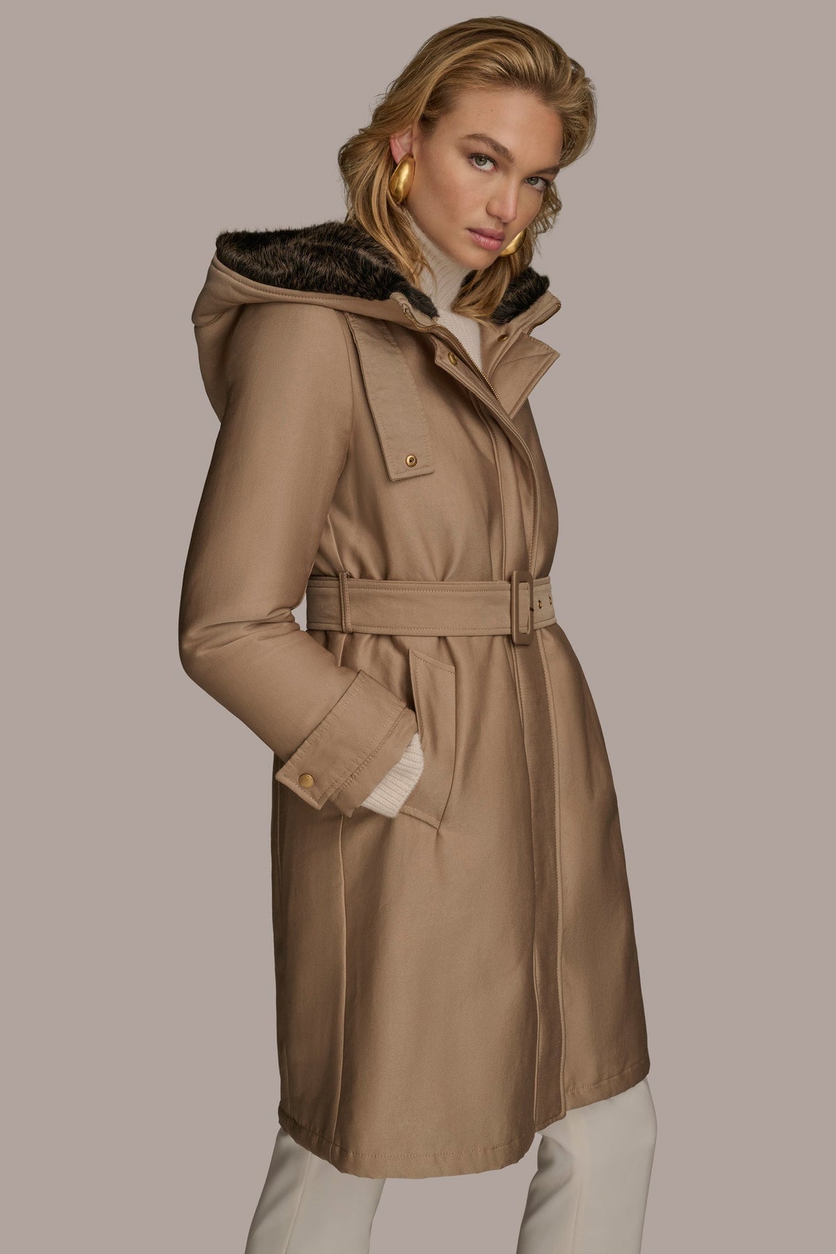 Donna Karan FAUX FUR TRIM LINED RAIN COAT