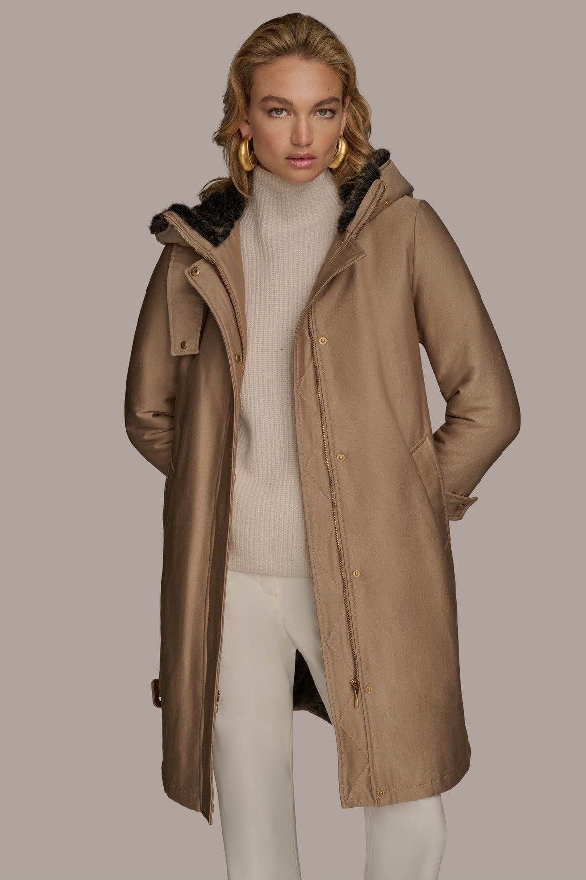 Donna Karan FAUX FUR TRIM LINED RAIN COAT