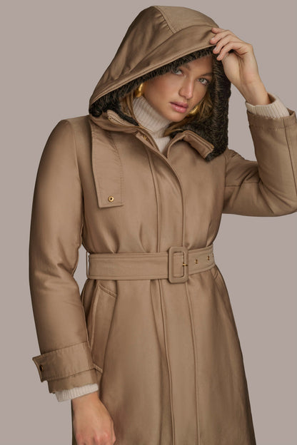 Donna Karan FAUX FUR TRIM LINED RAIN COAT