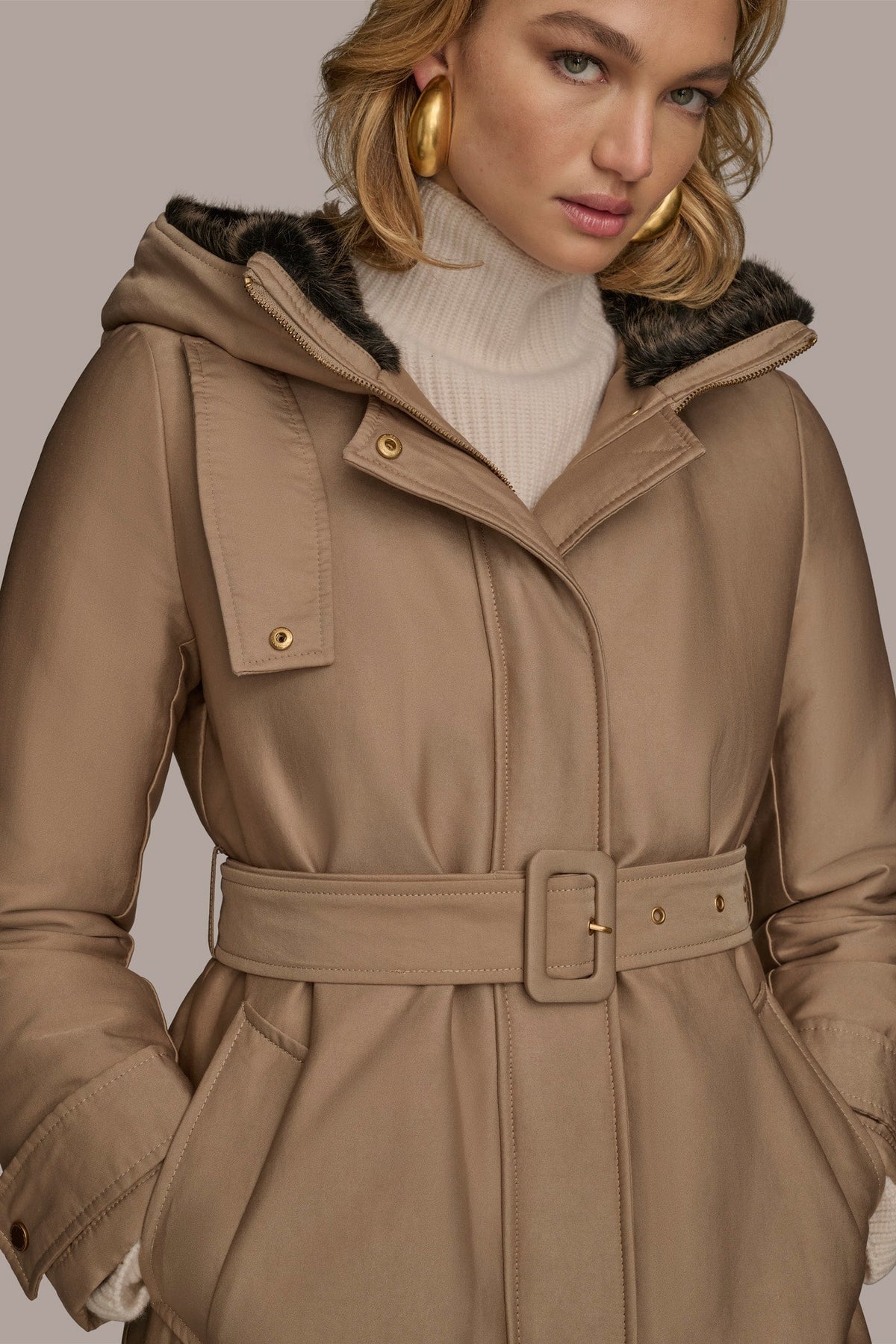 Donna Karan FAUX FUR TRIM LINED RAIN COAT