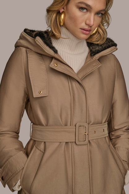 Donna Karan FAUX FUR TRIM LINED RAIN COAT